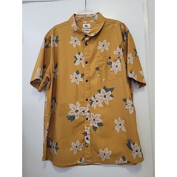 Quicksilver Waterman Men's Hawaiian Shirt Yellow Ivory Green 2XL - Picture 1 of 6